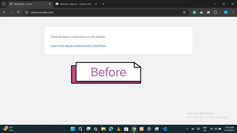 Wordpress website critical error 